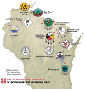 Map of Wisconsin showing First Nations seats of government.