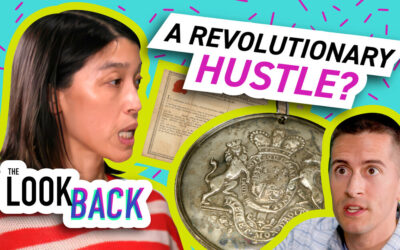 Two hosts with text “A REVOLUTIONARY HUSTLE?” and “The Look Back,” plus historic coin and document collage