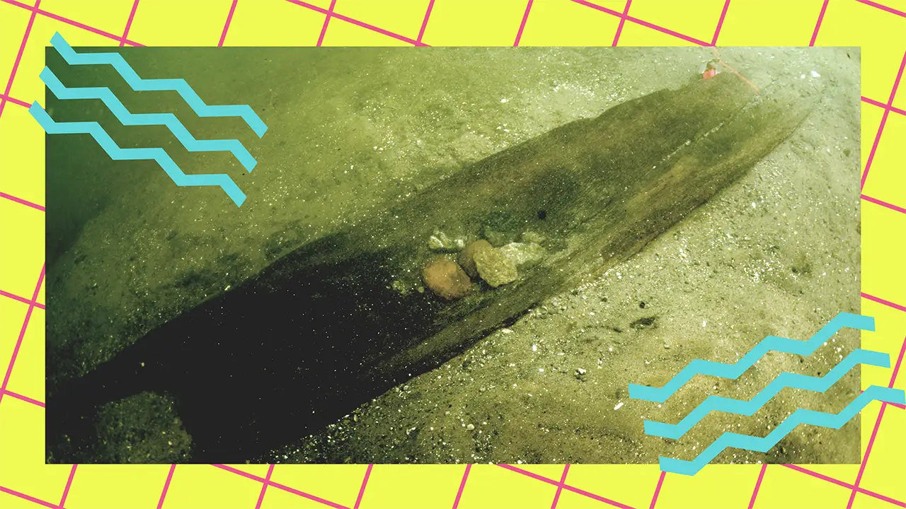 Underwater dugout canoe on lakebed with teal wave graphics and neon grid background.
