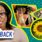 Host beside an image of a sunflower, an illustration of a Native American farmer, and to vials in a lab